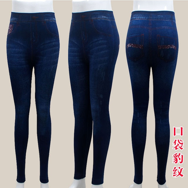 Fashion Slim Women Leggings Plus size Faux Denim Jeans Leggings Long Pocket Printing Summer Leggings Casual Pencil Pants