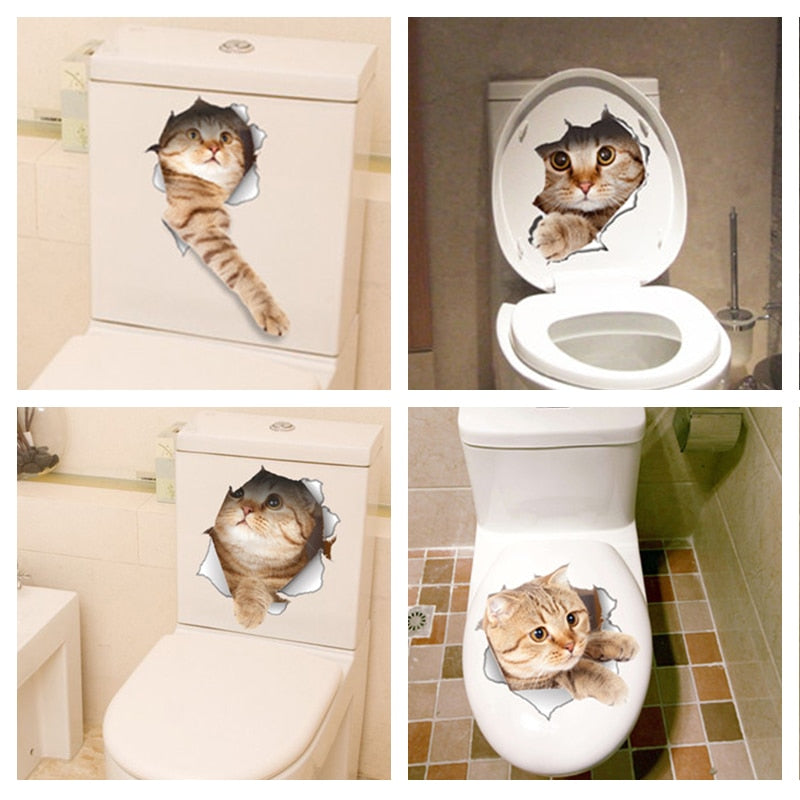 Cat Vivid 3D Smashed Switch Wall Sticker Bathroom Toilet Kicthen Decorative Decals Funny Animals Decor Poster PVC Mural Art