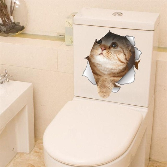 Cat Vivid 3D Smashed Switch Wall Sticker Bathroom Toilet Kicthen Decorative Decals Funny Animals Decor Poster PVC Mural Art