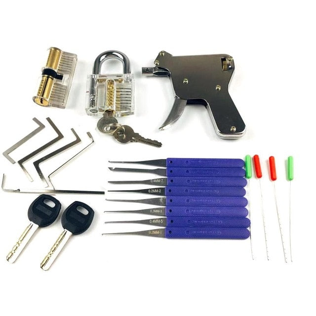 New Locksmith Tools,Lock Gun with Transparent Practice Locks Broken Key Extractor Pick Tool ,Great Lock Pick Practice Set