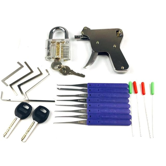 New Locksmith Tools,Lock Gun with Transparent Practice Locks Broken Key Extractor Pick Tool ,Great Lock Pick Practice Set