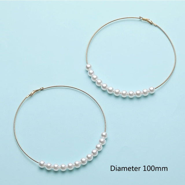 Women Elegant White/Black Simulated Pearls Statement Earrings Big Small Circle Round Metal Gold Hoop Earrings Nightclub Jewelry