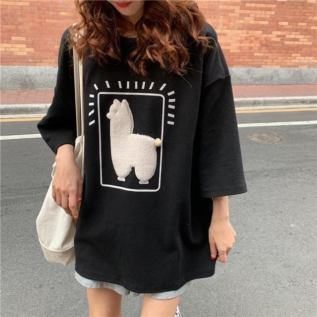 Cartoon Alpaca Animal Printed Casual Loose Oversize Korean Style 2020 Summer Short Sleeve Women Top Female T-shirts