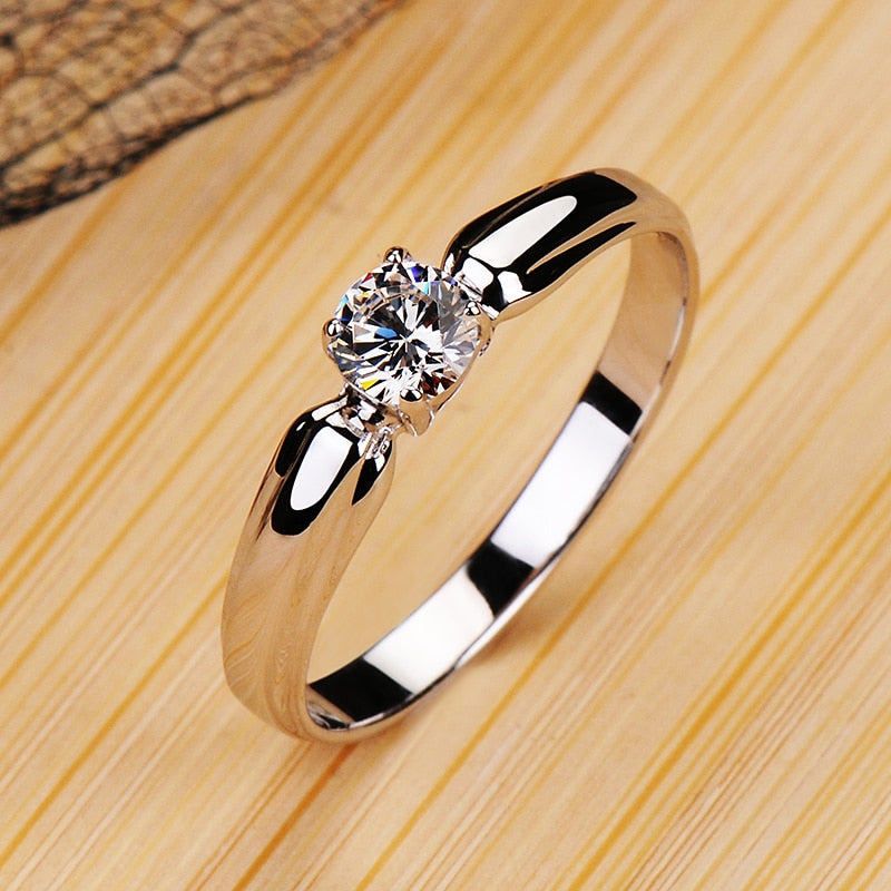 Luxury Female Small Round Stone Ring Real 925 Sterling Silver Engagement Ring Crystal Solitaire Wedding Rings For Women