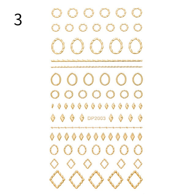 Gold 3D Nail Art Stickers Adhesive Geometric Mixed Design Decals Nail Tips Decoration Manicuring Supplies
