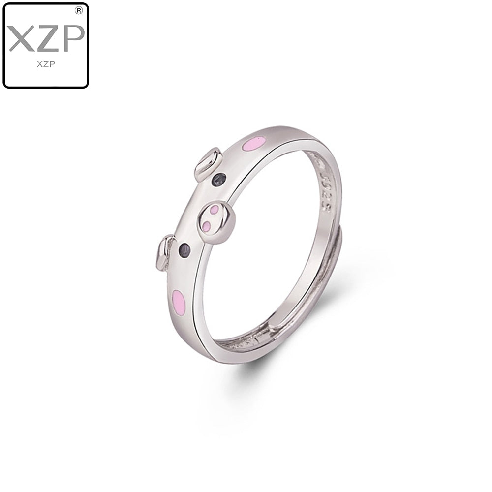 XZP S925 Cute Pink Enamel Pig Rings Popular Lucky Piggy Animal Couple Opening Ring Women Man Jewelry Lover Gift Adjustable