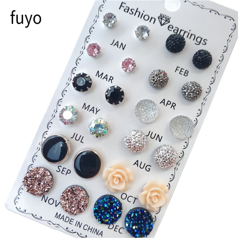 12 pairs/set Crystal Fashion Earrings Set Women Jewelry Accessories Piercing Ball Stud Earring kit Bijouteria brincos New 2019