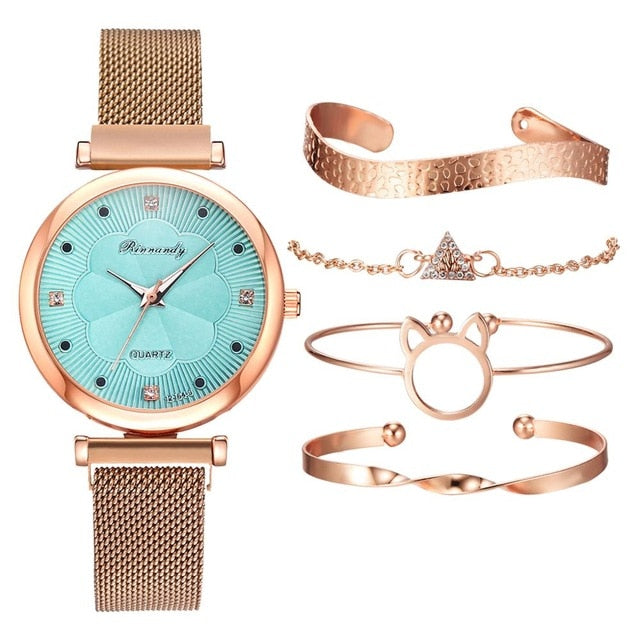 Fashion 5pcs Set Women Watches Luxury Magnet Buckle Flower Rhinestone Watch Ladies Quartz Wrist Watch Bracelet Set Reloj Mujer