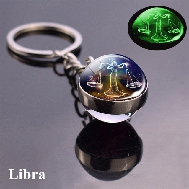 12 Constellation Luminous Keychain Glass Ball Pendant Zodiac Keychain Glow In The Dark Key Chain Holder Men Women Birthday Gift