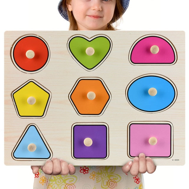 Montessori Wooden Puzzles Hand Grab Boards Toys Tangram Jigsaw Baby Educational Toys Cartoon Vehicle Animals Fruits 3D Puzzles