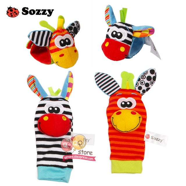 Sozzy Baby Rattles Soft Plush Toys 4 piece Foot Wrist Rattle Set Cartoon Newborn Development Educational Toys for Children Gift