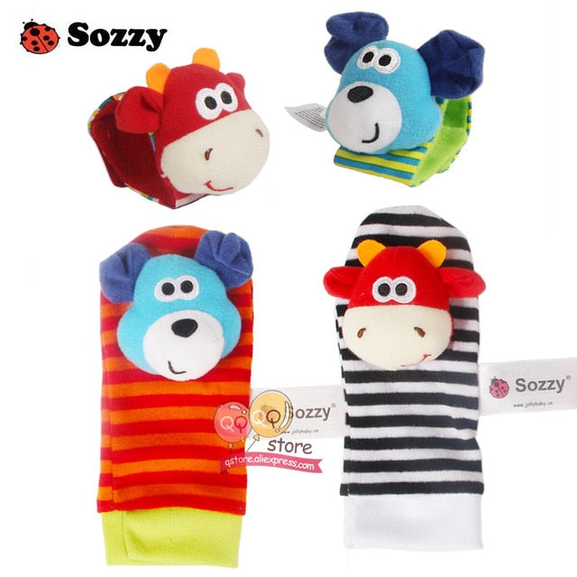 Sozzy Baby Rattles Soft Plush Toys 4 piece Foot Wrist Rattle Set Cartoon Newborn Development Educational Toys for Children Gift