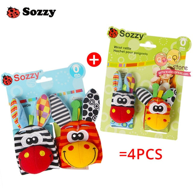 Sozzy Baby Rattles Soft Plush Toys 4 piece Foot Wrist Rattle Set Cartoon Newborn Development Educational Toys for Children Gift