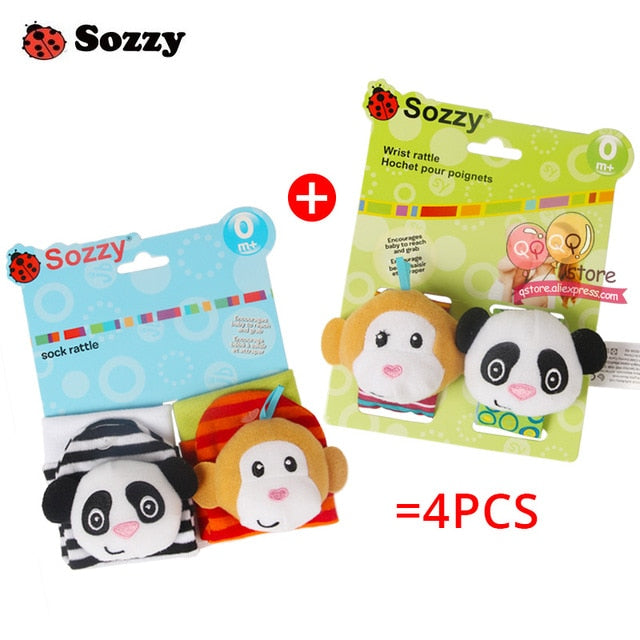 Sozzy Baby Rattles Soft Plush Toys 4 piece Foot Wrist Rattle Set Cartoon Newborn Development Educational Toys for Children Gift