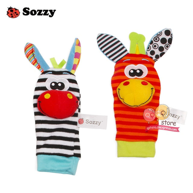 Sozzy Baby Rattles Soft Plush Toys 4 piece Foot Wrist Rattle Set Cartoon Newborn Development Educational Toys for Children Gift