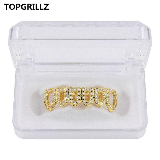 TOPGRILLZ Hip Hop Gold Color Plated Hollow Out Grillz Top &Bottom Teeth CZ Stone Micro Pave Exclusive Luxuries Set Ship From US