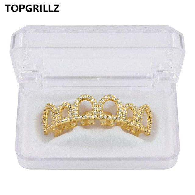 TOPGRILLZ Hip Hop Gold Color Plated Hollow Out Grillz Top &Bottom Teeth CZ Stone Micro Pave Exclusive Luxuries Set Ship From US