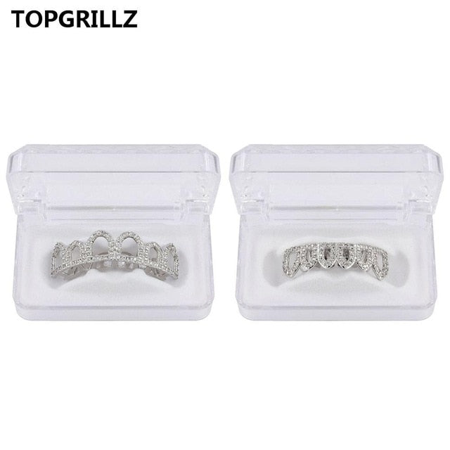 TOPGRILLZ Hip Hop Gold Color Plated Hollow Out Grillz Top &Bottom Teeth CZ Stone Micro Pave Exclusive Luxuries Set Ship From US