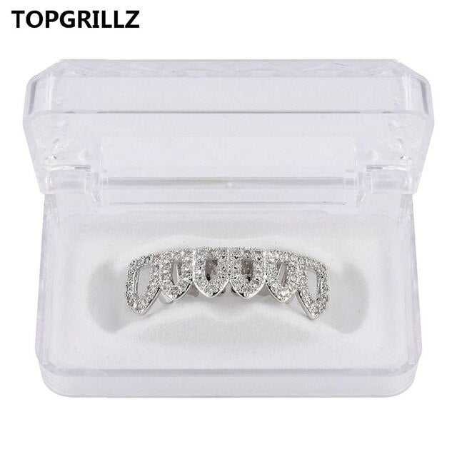 TOPGRILLZ Hip Hop Gold Color Plated Hollow Out Grillz Top &Bottom Teeth CZ Stone Micro Pave Exclusive Luxuries Set Ship From US