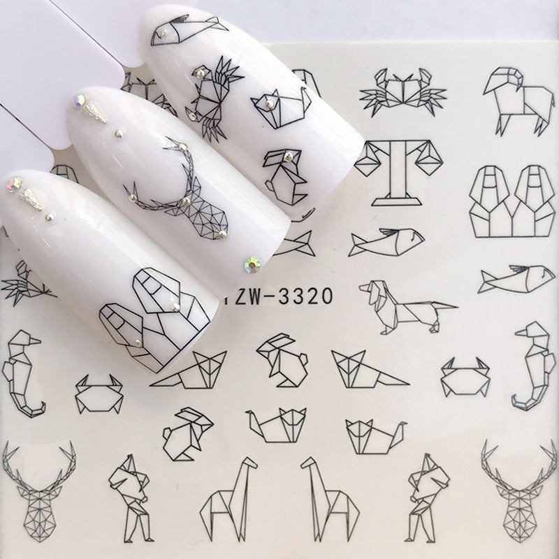 1 Sheet Water Nail Stickers Black Cartoon Animal Flamingo Fox Hollow Designs Sliders For Nail Decals DIY Manicure Decora