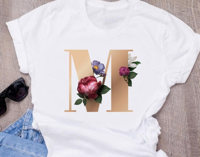 Custom name letter combination women's High quality printing T-shirt Flower letter Font A B C D E F G Short sleeve Clothes