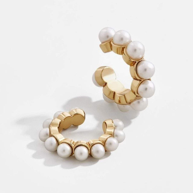 Women Elegant White/Black Simulated Pearls Statement Earrings Big Small Circle Round Metal Gold Hoop Earrings Nightclub Jewelry