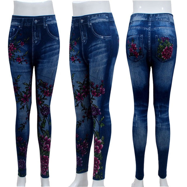 Fashion Slim Women Leggings Plus size Faux Denim Jeans Leggings Long Pocket Printing Summer Leggings Casual Pencil Pants