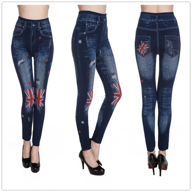 Fashion Slim Women Leggings Plus size Faux Denim Jeans Leggings Long Pocket Printing Summer Leggings Casual Pencil Pants