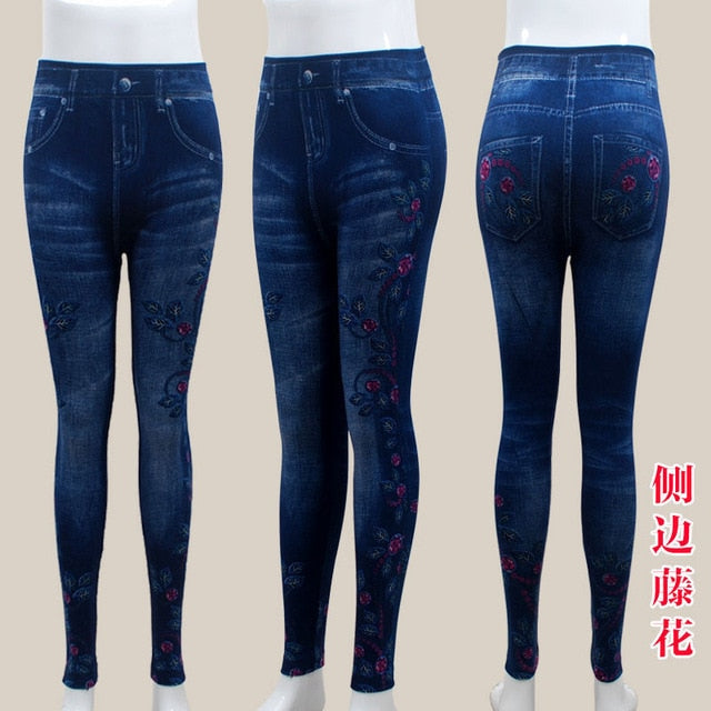 Fashion Slim Women Leggings Plus size Faux Denim Jeans Leggings Long Pocket Printing Summer Leggings Casual Pencil Pants