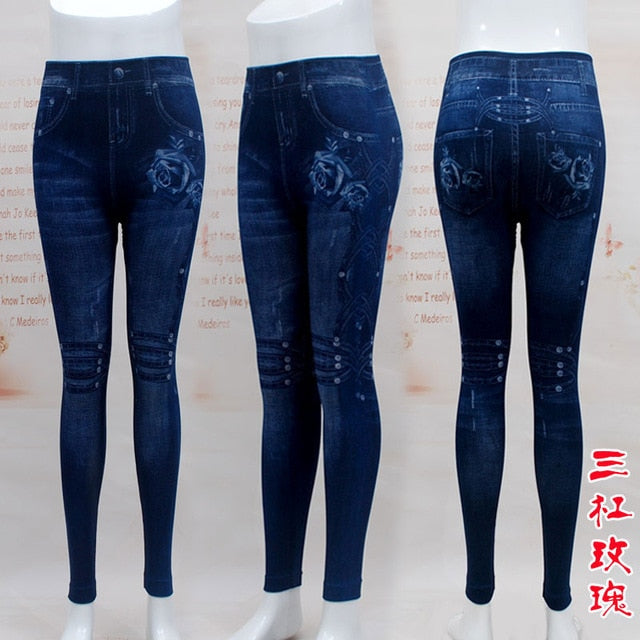 Fashion Slim Women Leggings Plus size Faux Denim Jeans Leggings Long Pocket Printing Summer Leggings Casual Pencil Pants