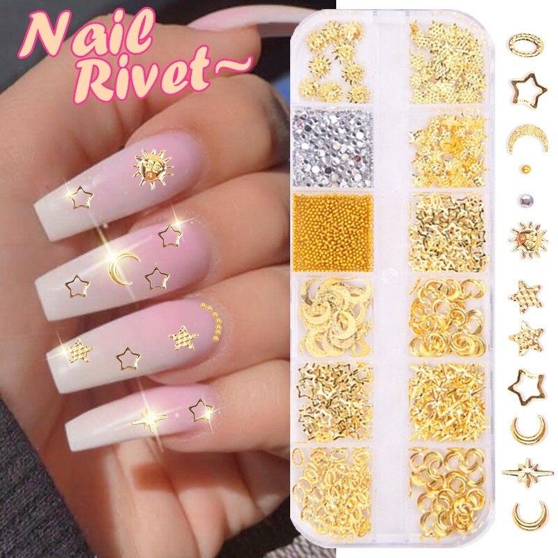 12 Grid Mixed Style Nail Art Moon Star Gold Metal Rivet Studs 3D DIY Charm Decoration Accessories Jewelry Glitter Manicure Stone