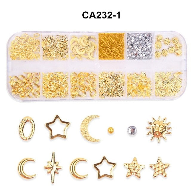 12 Grid Mixed Style Nail Art Moon Star Gold Metal Rivet Studs 3D DIY Charm Decoration Accessories Jewelry Glitter Manicure Stone