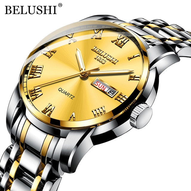 BELUSHI Top Brand Luxury Mens Watches Luminous Waterproof Stainless Steel Watch Quartz Men Date Calendar Business Wristwatch