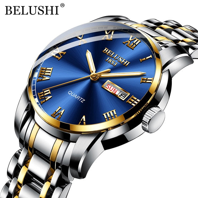 BELUSHI Top Brand Luxury Mens Watches Luminous Waterproof Stainless Steel Watch Quartz Men Date Calendar Business Wristwatch