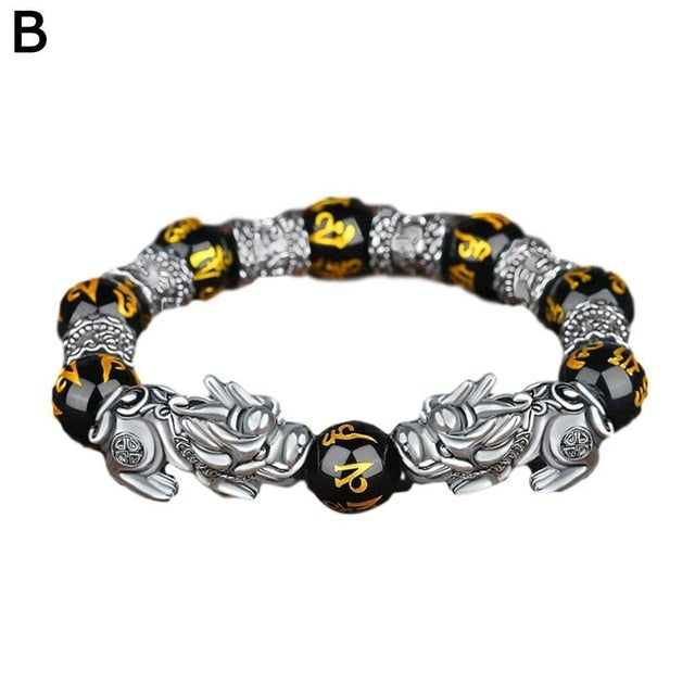 Bring Lucky Brave Wealth Men Black Obsidian Stone Buddhism Six Words Legendary Pixiu Bead Bracelet  Amulet Jewelry