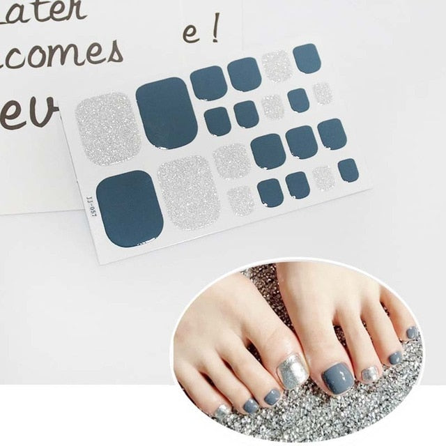 D34 Adhesive Toe Nail Sticker Glitter Summer Style Tips Full Cover Toe Nail Art Supplies Foot Decal for Women Girls Drop Ship