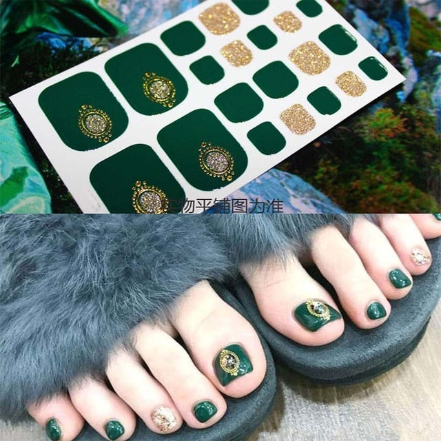 D34 Adhesive Toe Nail Sticker Glitter Summer Style Tips Full Cover Toe Nail Art Supplies Foot Decal for Women Girls Drop Ship