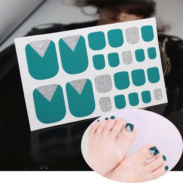 D34 Adhesive Toe Nail Sticker Glitter Summer Style Tips Full Cover Toe Nail Art Supplies Foot Decal for Women Girls Drop Ship