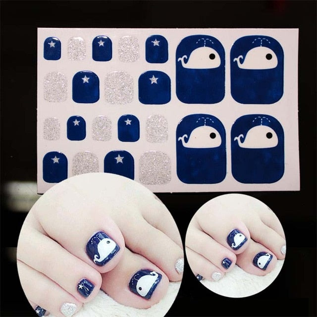 D34 Adhesive Toe Nail Sticker Glitter Summer Style Tips Full Cover Toe Nail Art Supplies Foot Decal for Women Girls Drop Ship