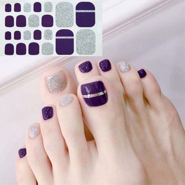 D34 Adhesive Toe Nail Sticker Glitter Summer Style Tips Full Cover Toe Nail Art Supplies Foot Decal for Women Girls Drop Ship