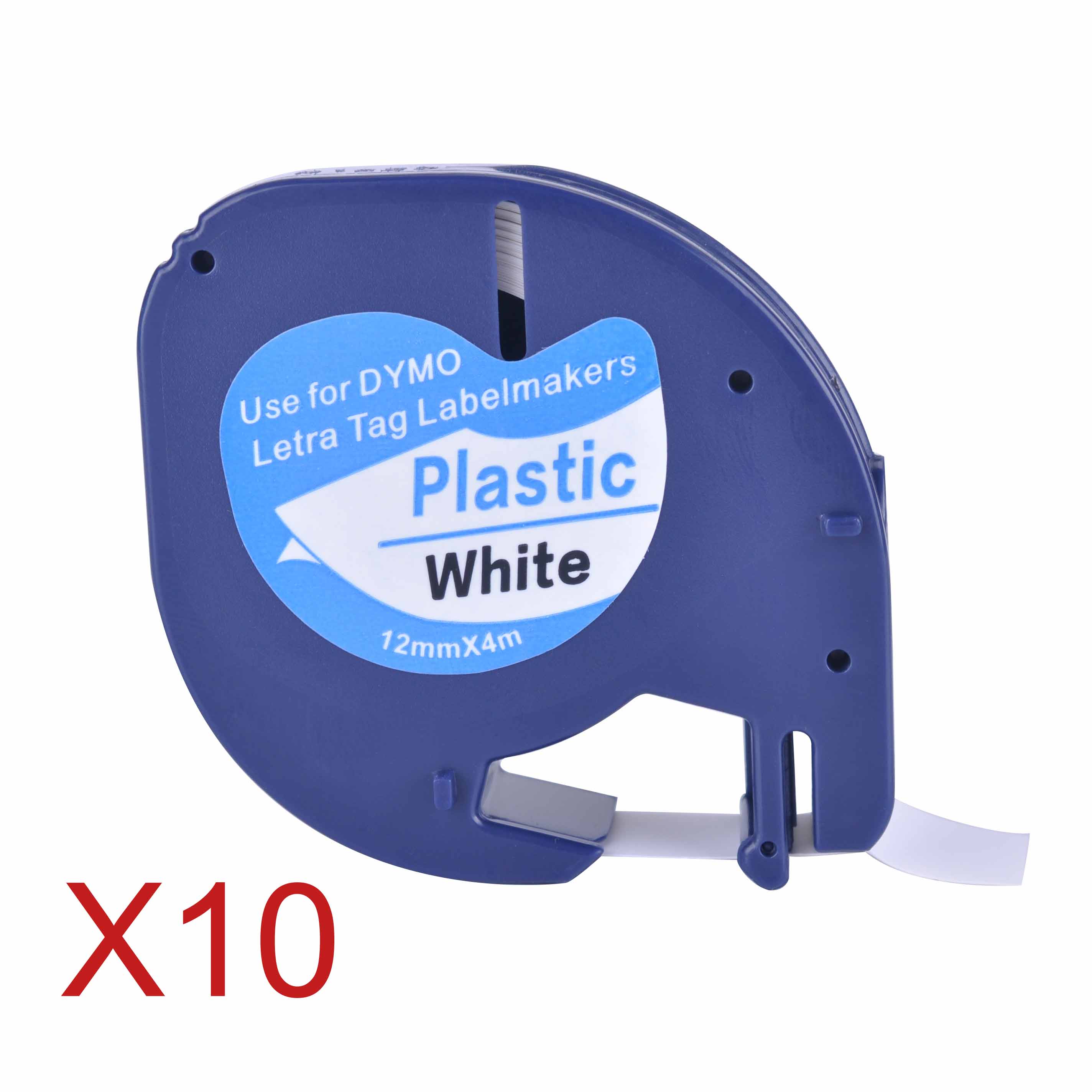 10 Compatible Dymo LetraTag 91201 Black on White (12mm x 4m) Plastic Label Tapes 91201 91221 59422 S0721660