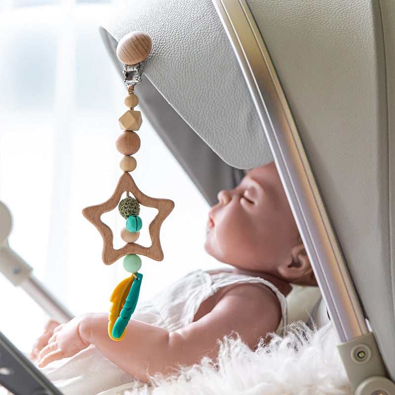 1pc Wooden Music Rattle Animal Star Mobile Holder Teething Pendant Wooden Gym Rodent Silicone Beads Necklace Clip Stroller Arch