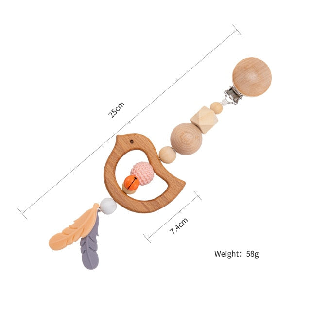 1pc Wooden Music Rattle Animal Star Mobile Holder Teething Pendant Wooden Gym Rodent Silicone Beads Necklace Clip Stroller Arch