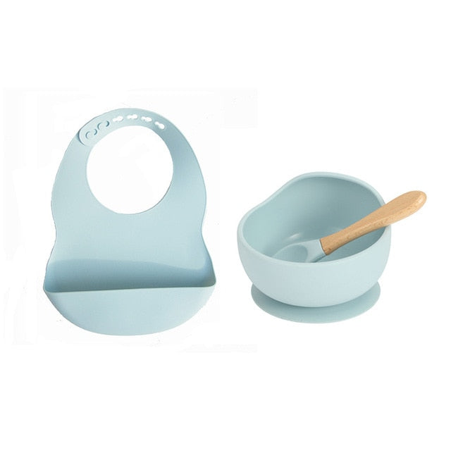 New Colors Feeding set Food Grade Silicone Bibs Baby Plate Non-silp Suction Bowl Kids Tableware Waterproof Bib BPA Free Spoon