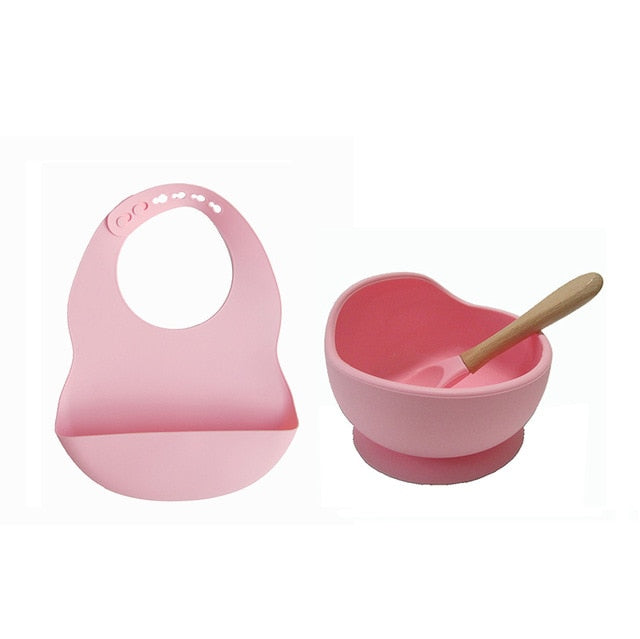 New Colors Feeding set Food Grade Silicone Bibs Baby Plate Non-silp Suction Bowl Kids Tableware Waterproof Bib BPA Free Spoon