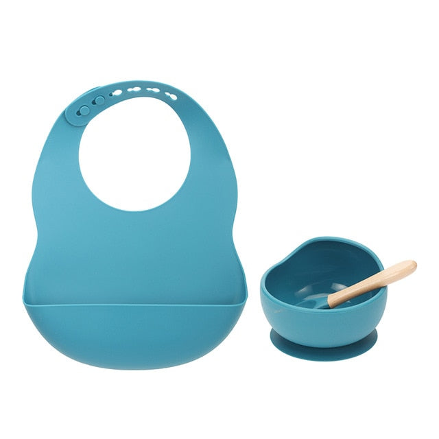 New Colors Feeding set Food Grade Silicone Bibs Baby Plate Non-silp Suction Bowl Kids Tableware Waterproof Bib BPA Free Spoon