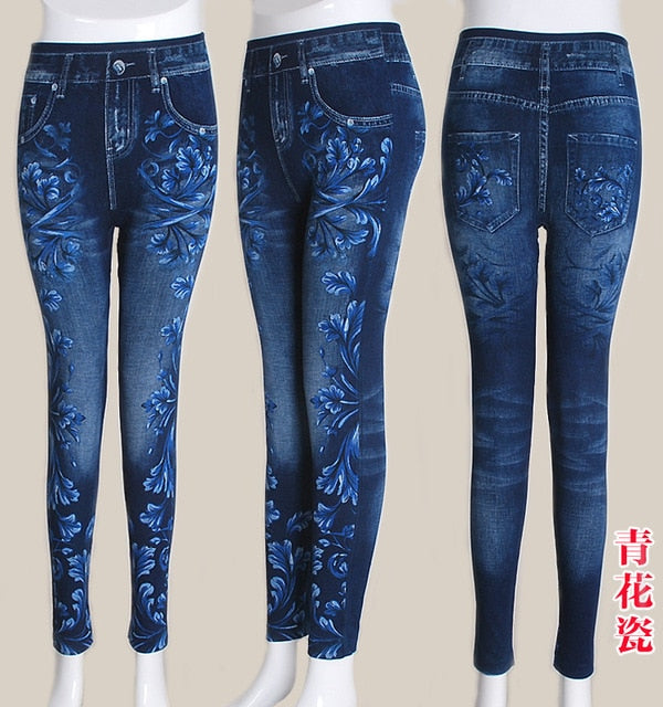 Fashion Slim Women Leggings Plus size Faux Denim Jeans Leggings Long Pocket Printing Summer Leggings Casual Pencil Pants