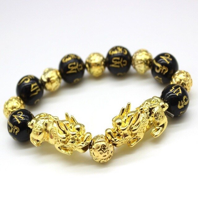 Men's Bracelet Feng Shui Obsidian with Gold-Plating Pi Xiu Bracelet Men Wealth Brave Jewelry