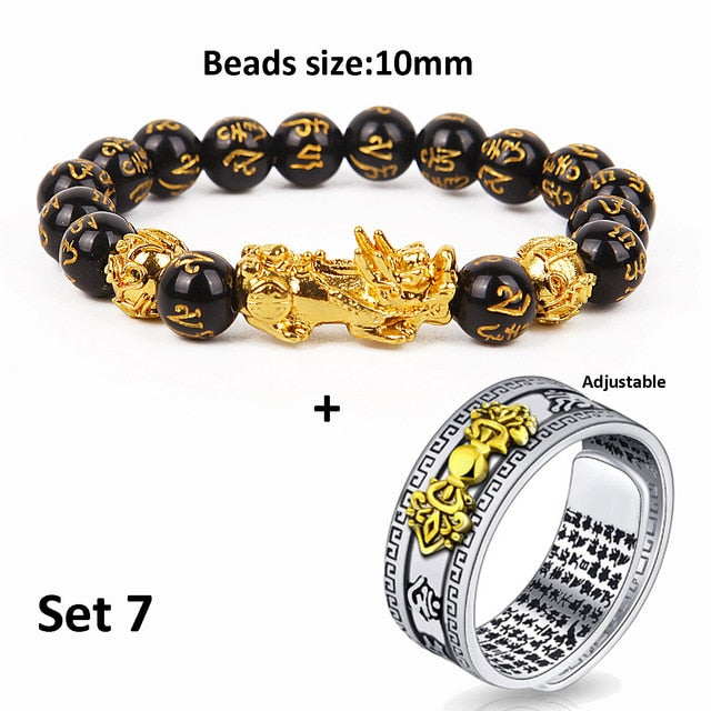 Unisex Men Pixiu Charms Ring Bracelet Chinese Feng Shui Amulet Wealth and Lucky Open Adjustable Ring Bead Bracelet