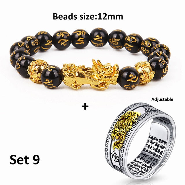 Unisex Men Pixiu Charms Ring Bracelet Chinese Feng Shui Amulet Wealth and Lucky Open Adjustable Ring Bead Bracelet